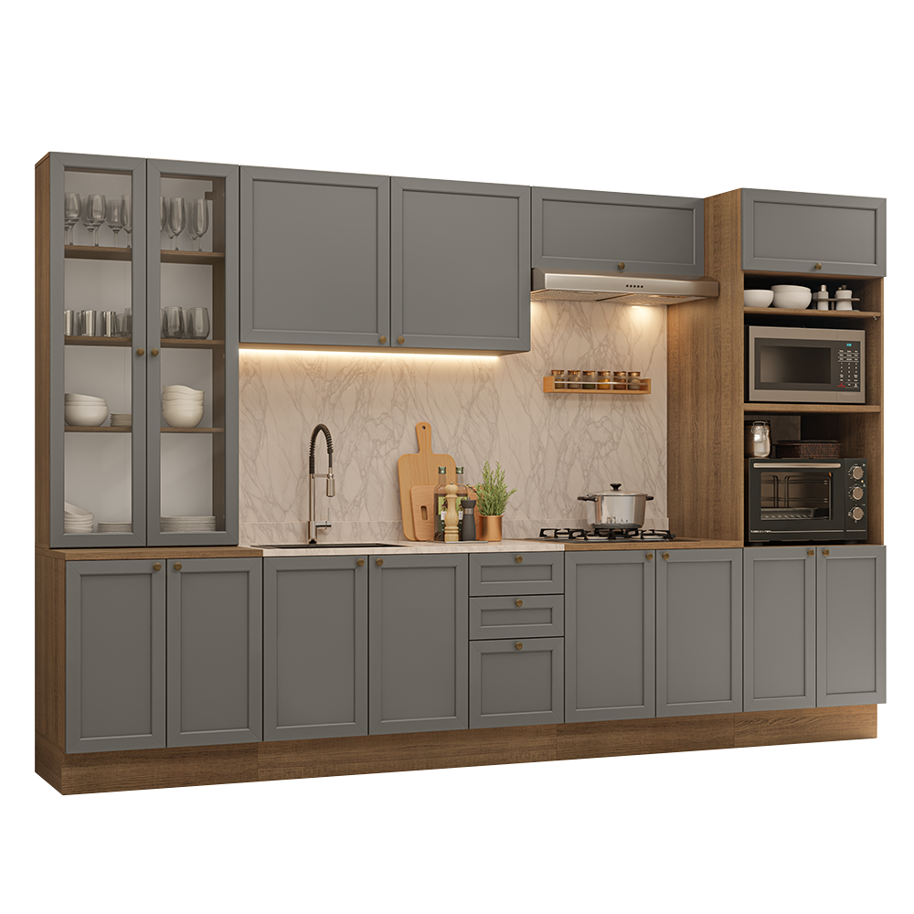 Armário de Cozinha Completa 340 cm Rustic/Cinza Vik Madesa 01
