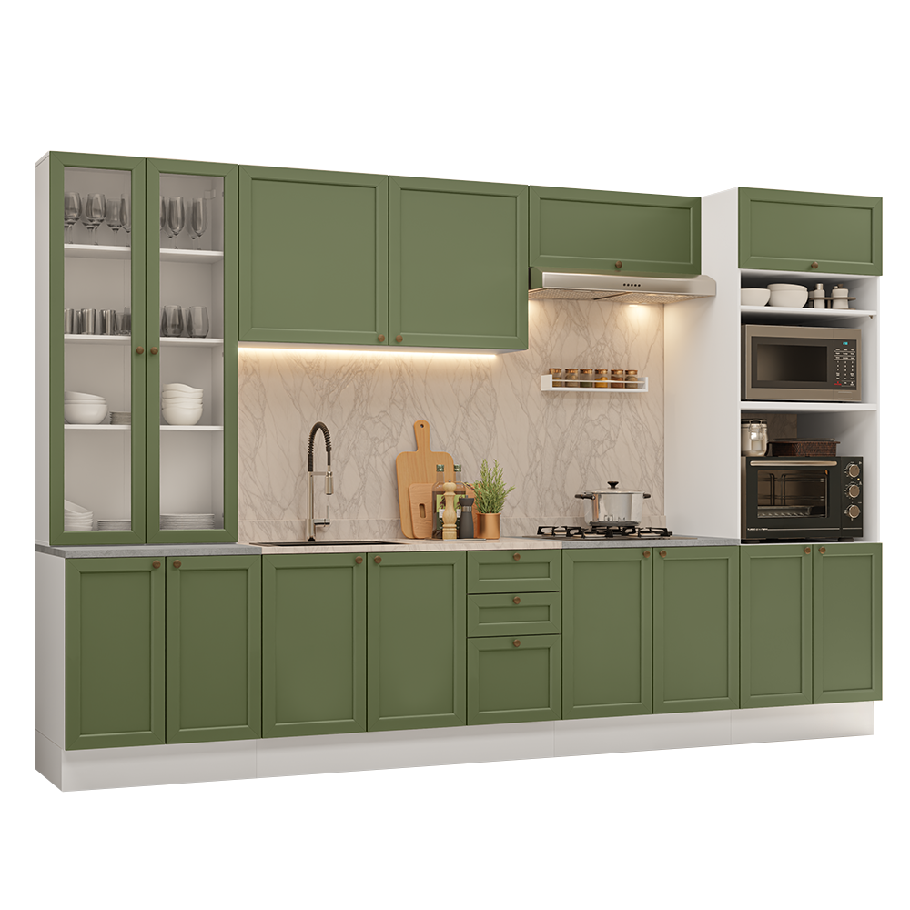 Armário de Cozinha Completa 340 cm Branco/Verde Vik Madesa 01