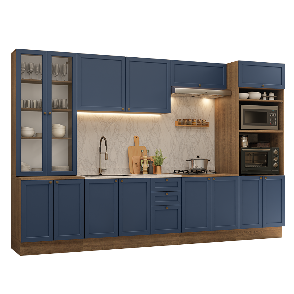 Armário de Cozinha Completa 340 cm Rustic/Azul Vik Madesa 01