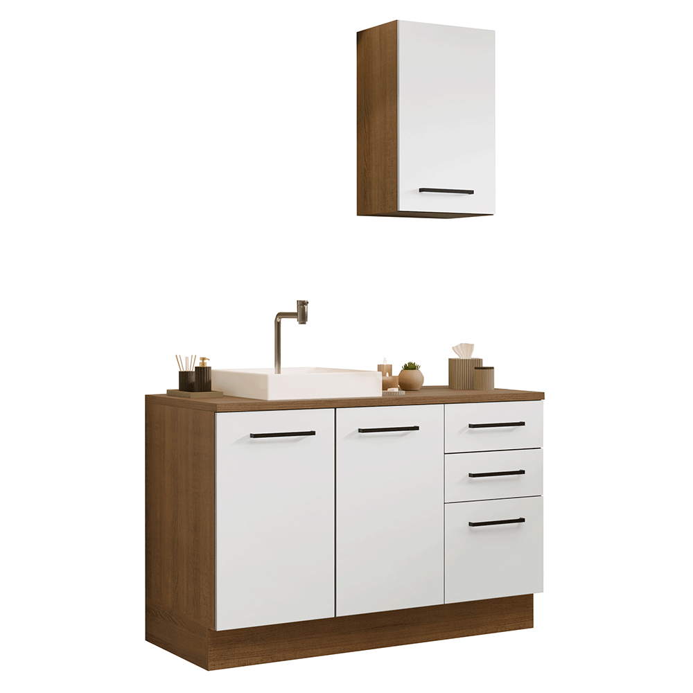 Conjunto Gabinete para Banheiro 120cm 3 Portas 3 Gavetas Rustic/Branco Agata Madesa 01
