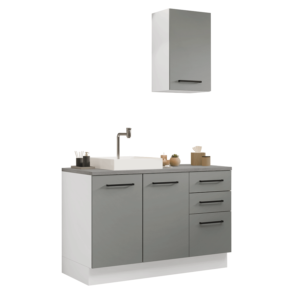 Conjunto Gabinete para Banheiro 120cm 3 Portas 3 Gavetas Branco/Cinza Agata Madesa 01