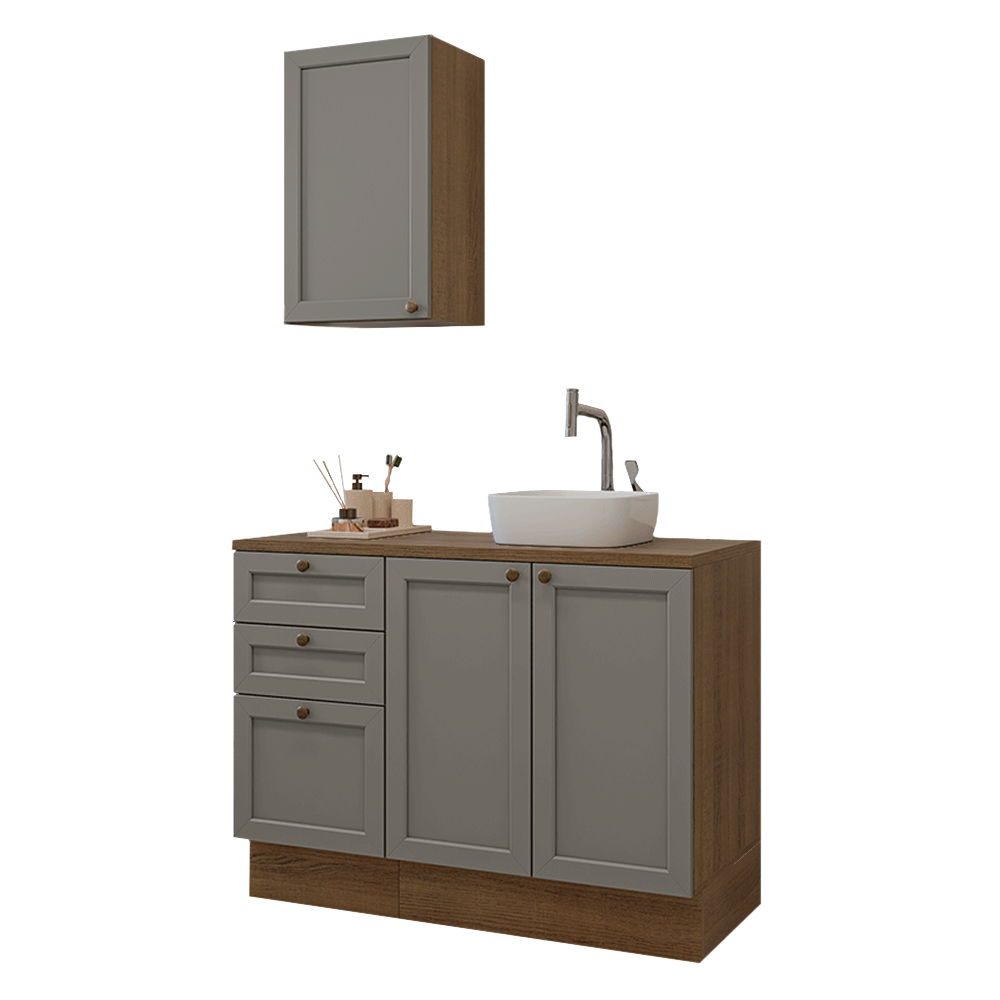 Conjunto Gabinete para Banheiro 110cm 3 Gavetas 3 Portas Rustic/Cinza Vik Madesa 01