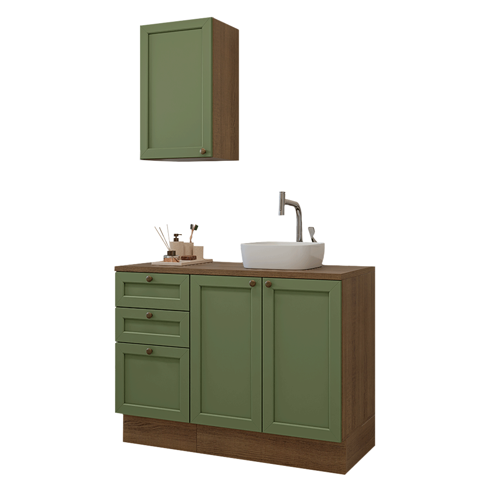 Conjunto Gabinete para Banheiro 110cm 3 Gavetas 3 Portas Rustic/Verde Vik Madesa 01