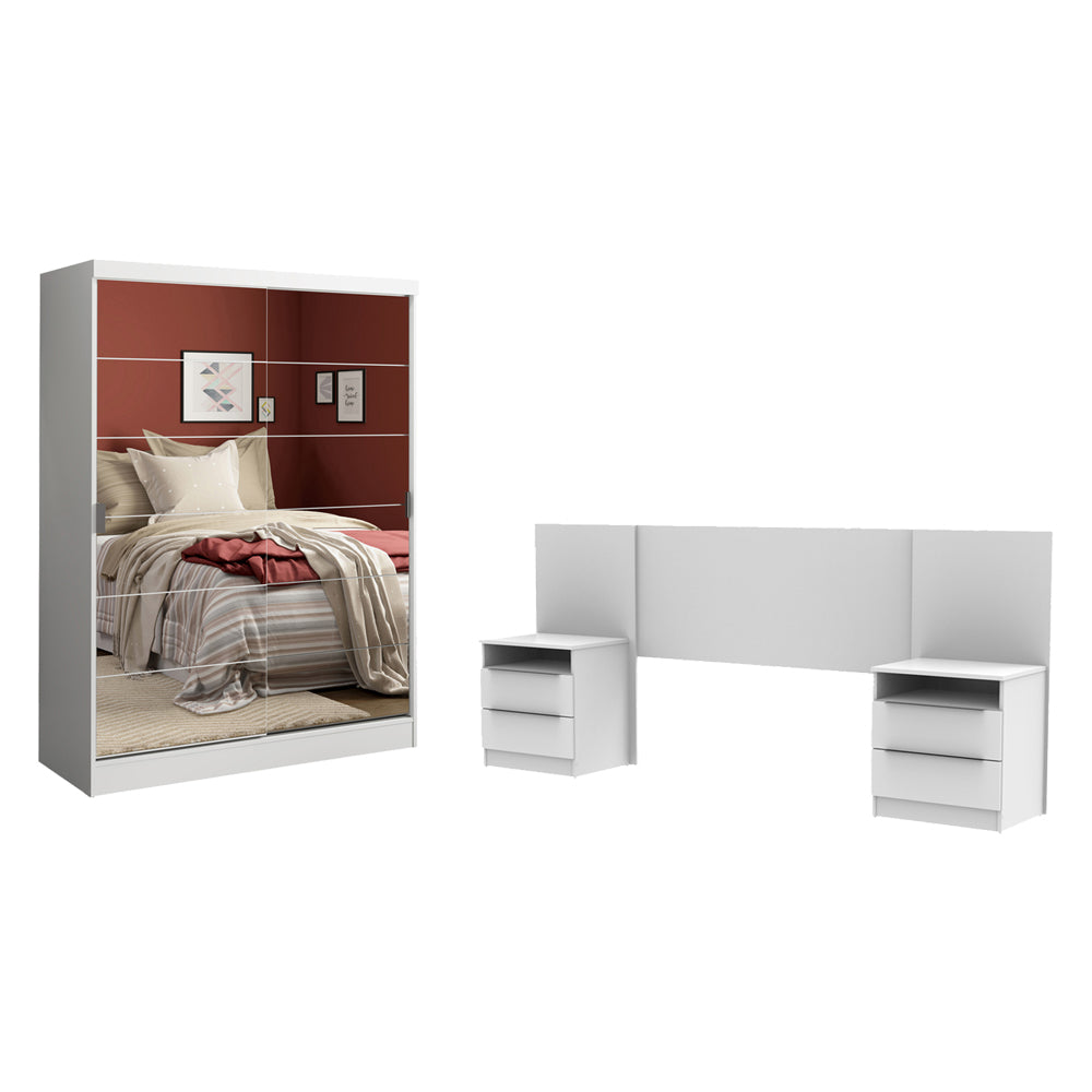 Quarto Completo com Guarda-Roupa Luke 2 Portas de Espelho e Cabeceira com 2 Mesas de Cabeceira Madesa Branco