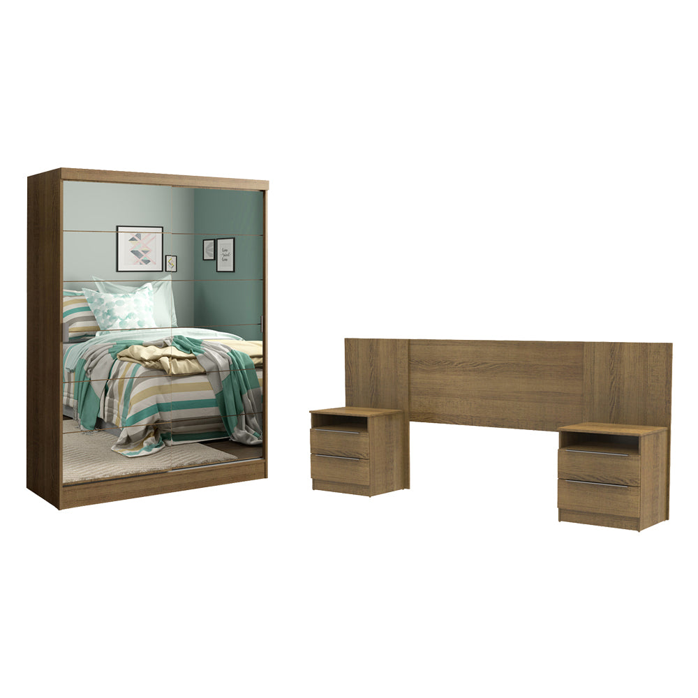 Quarto Completo com Guarda-Roupa Luke 2 Portas de Espelho e Cabeceira com 2 Mesas de Cabeceira Madesa Rustic