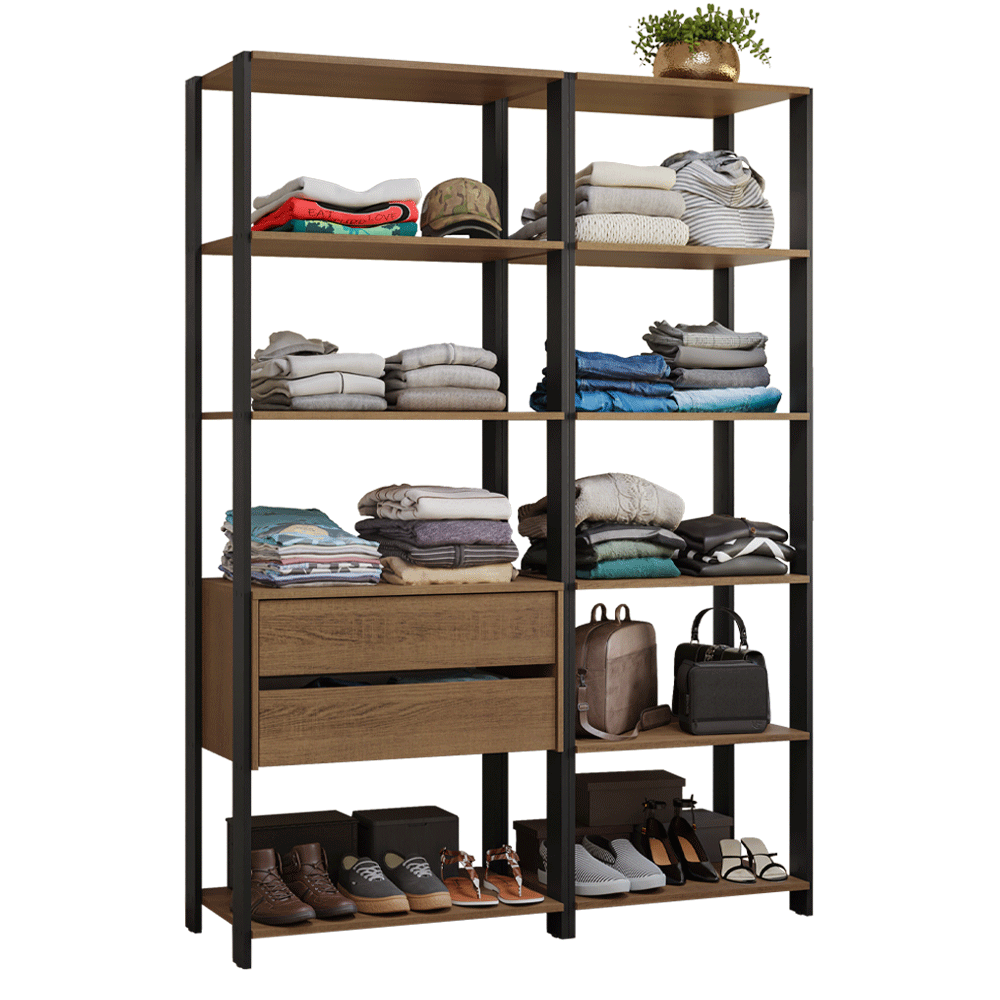 Guarda-Roupa Closet Modulado Valencia 2 Gavetas 9 Prateleiras 129cm Rustic/Preto Madesa