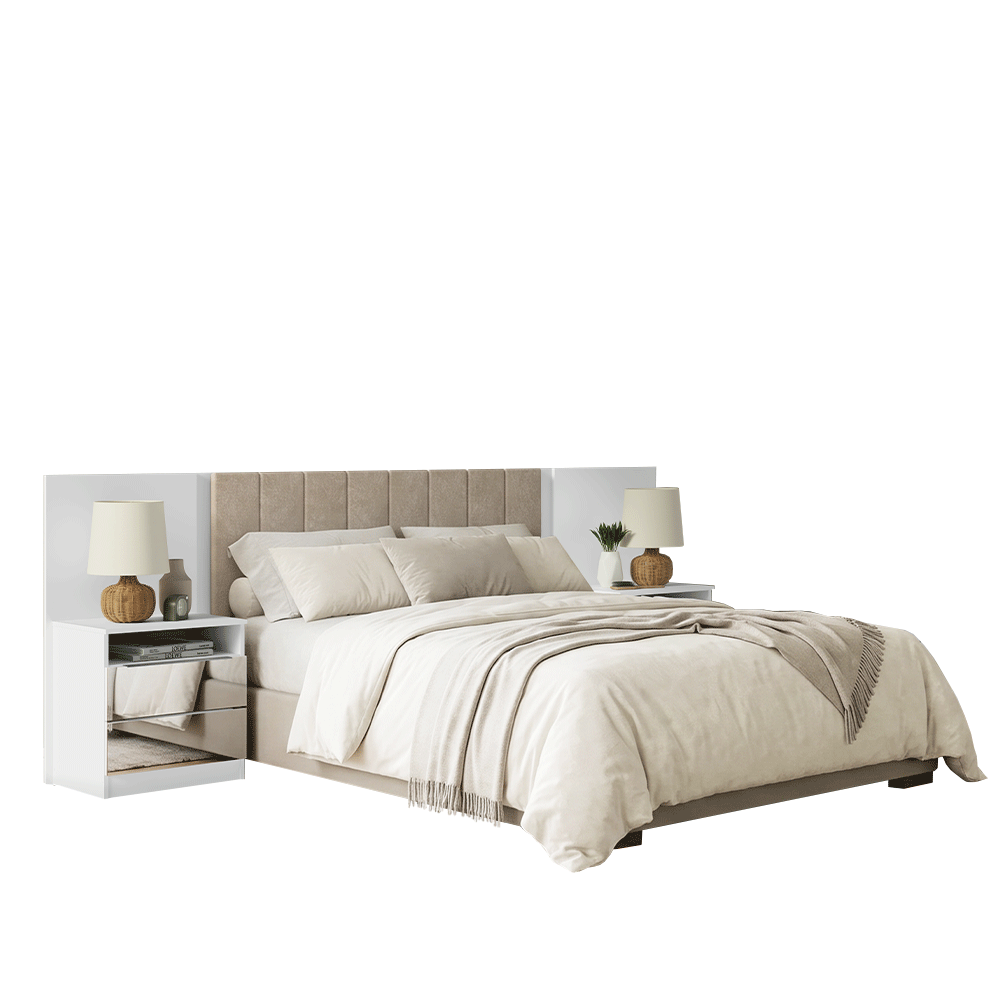 Cabeceira Extensível Estofada com 2 Mesas de Cabeceira Espelhadas Branco/Imperial Madesa
