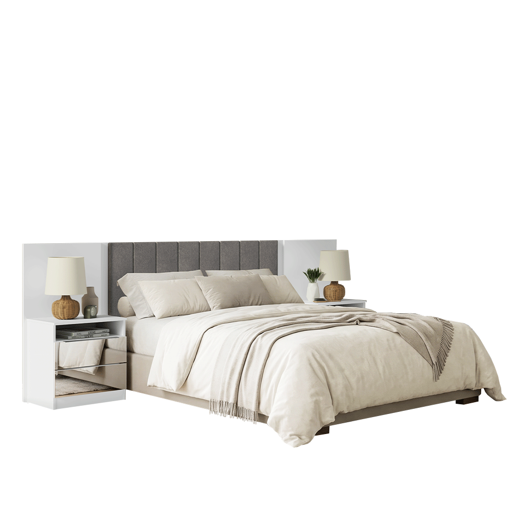 Cabeceira Extensível Estofada com 2 Mesas de Cabeceira Espelhadas Branco/Silver Madesa