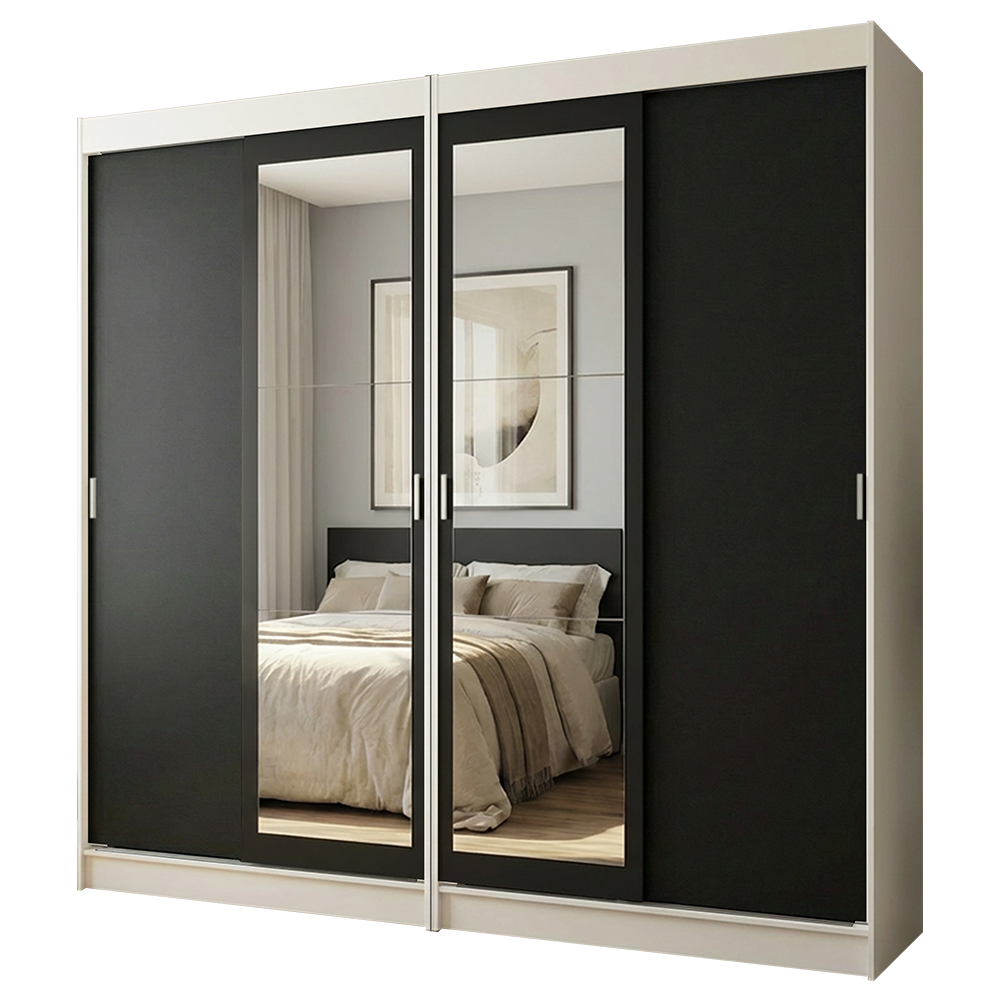 Conjunto 2 Guarda-Roupas 4 Portas de Correr com 2 Espelhos Branco/Preto Tokio Madesa