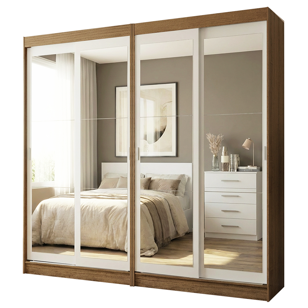 Conjunto 2 Guarda-Roupas 4 Portas de Correr com 4 Espelhos Rustic/Branco Tokio Madesa