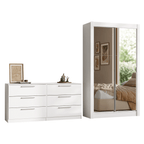 Conjunto Quarto Solteiro com Guarda-Roupa 2 Portas com Espelhos e Cômoda Branco Madesa