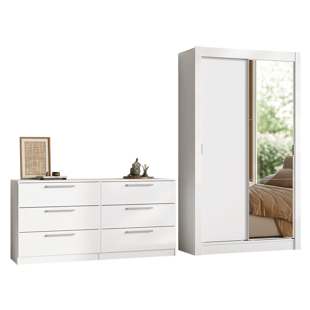 Conjunto Quarto Solteiro com Guarda-Roupa 2 Portas com 1 Espelho e Cômoda Branco Madesa