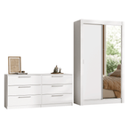 Conjunto Quarto Solteiro com Guarda-Roupa 2 Portas com 1 Espelho e Cômoda Branco Madesa