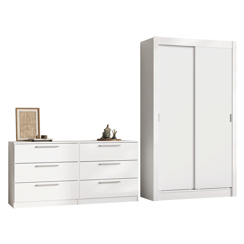 Conjunto Quarto Solteiro com Guarda-Roupa 2 Portas e Cômoda Branco Madesa