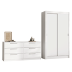 Conjunto Quarto Solteiro com Guarda-Roupa 2 Portas e Cômoda Branco Madesa