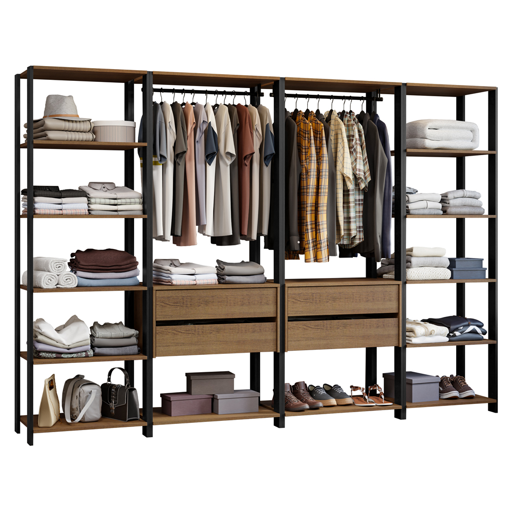 Guarda-Roupa Closet Modulado 4 Gavetas 258cm Rustic/Preto Madesa 01 Valencia