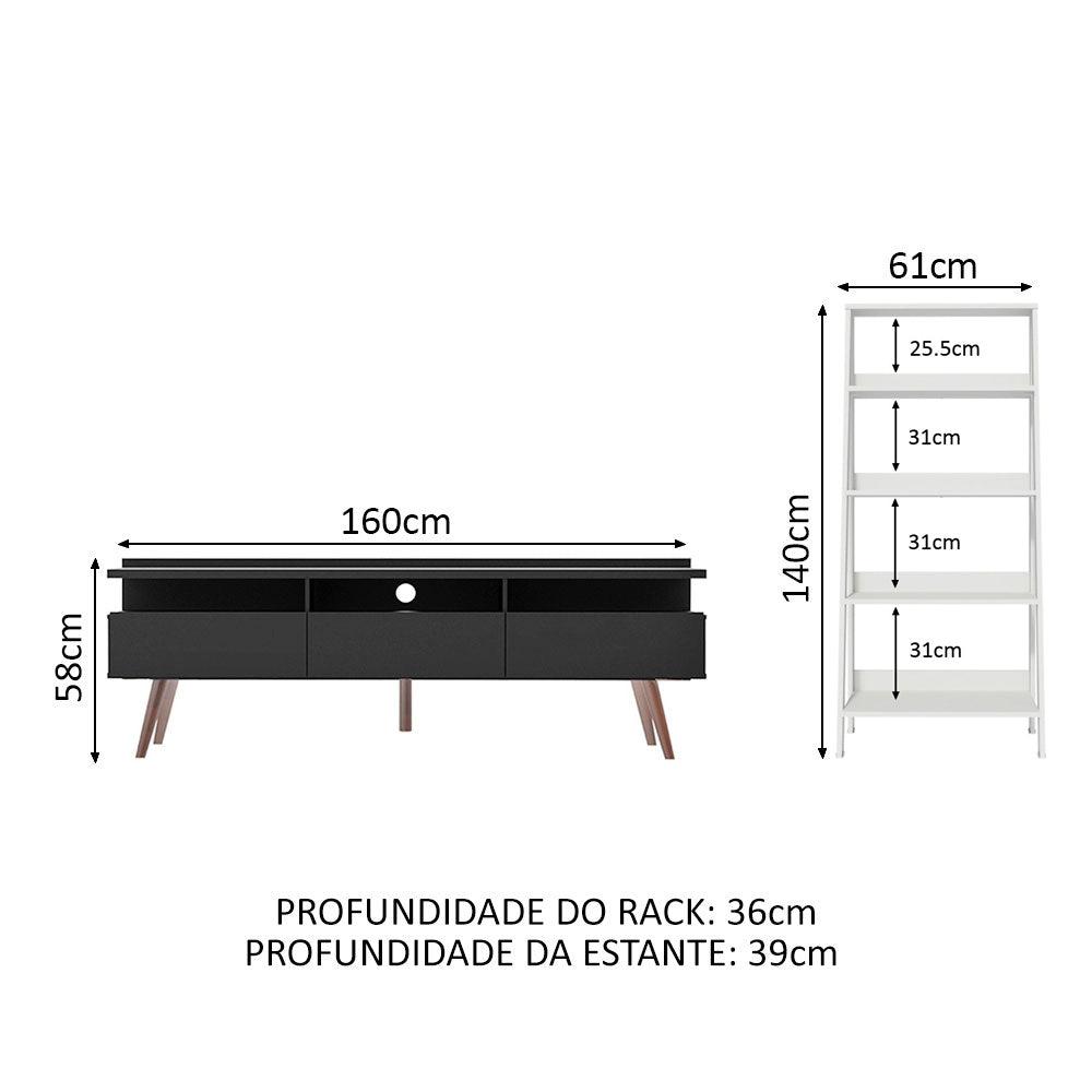 Rack para TV até 65 Polegadas Madesa Londres e Estante Escada Preto/Branco