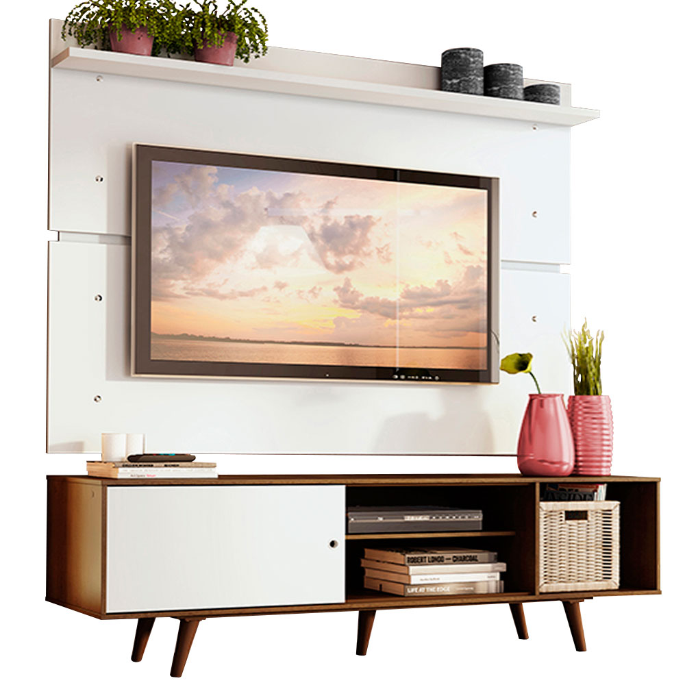 Rack Madesa Dubai e Painel para TV até 65 Polegadas com Pés Rustic/Branco 6E9B