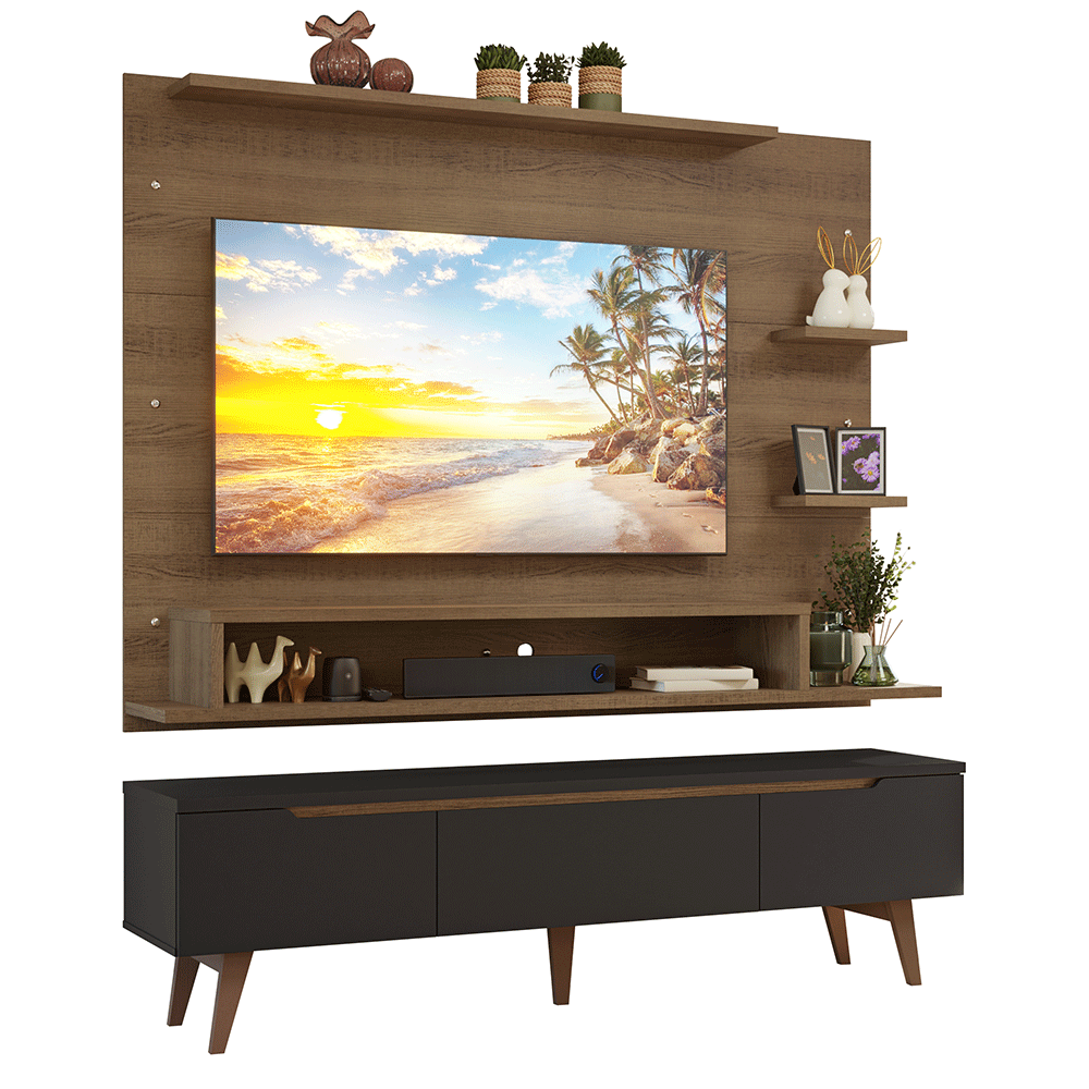 Rack com Painel para TV até 60 Polegadas 180 cm com Pés Rustic/Preto/Rustic Reims Madesa