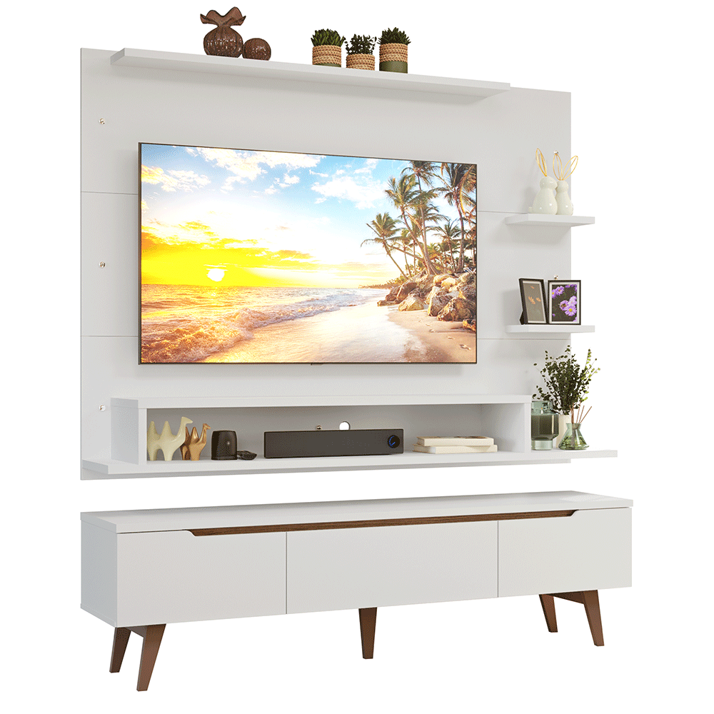 Rack com Painel para TV até 60 Polegadas 180 cm com Pés Branco/Rustic Reims Madesa