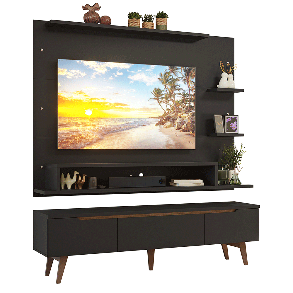 Rack com Painel para TV até 60 Polegadas 180 cm com Pés Preto/Rustic Reims Madesa