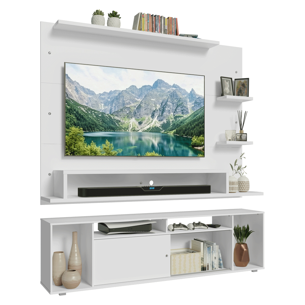 Rack com Painel para TV até 60 Polegadas 180 cm Branco Cancun Madesa