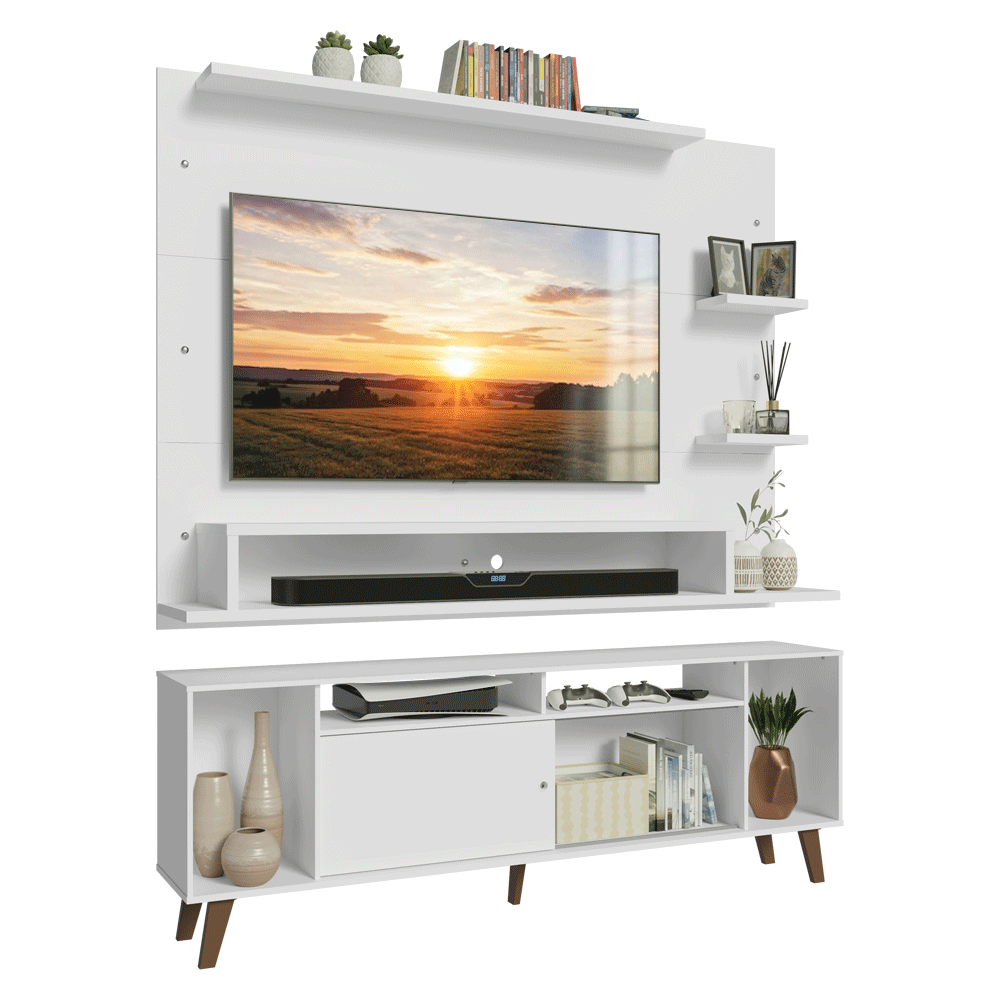 Rack com Painel para TV até 60 Polegadas 180 cm com Pés Branco/Rustic Cancun Madesa