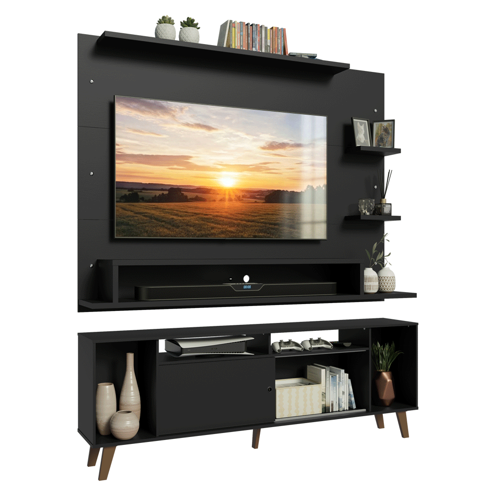 Rack com Painel para TV até 60 Polegadas 180 cm com Pés Preto/Rustic Cancun Madesa
