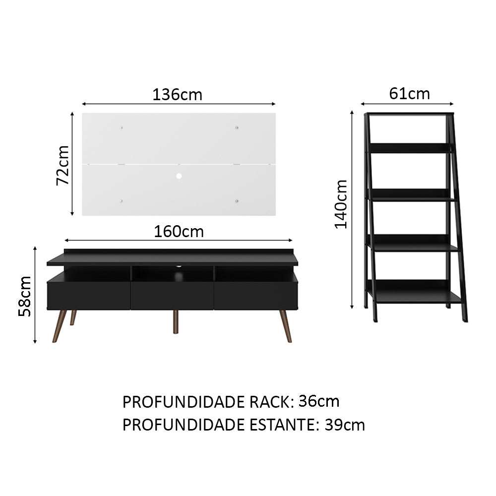 Rack Londres, Estante Escada e Painel para TV até 55 Polegadas Madesa Preto/Branco
