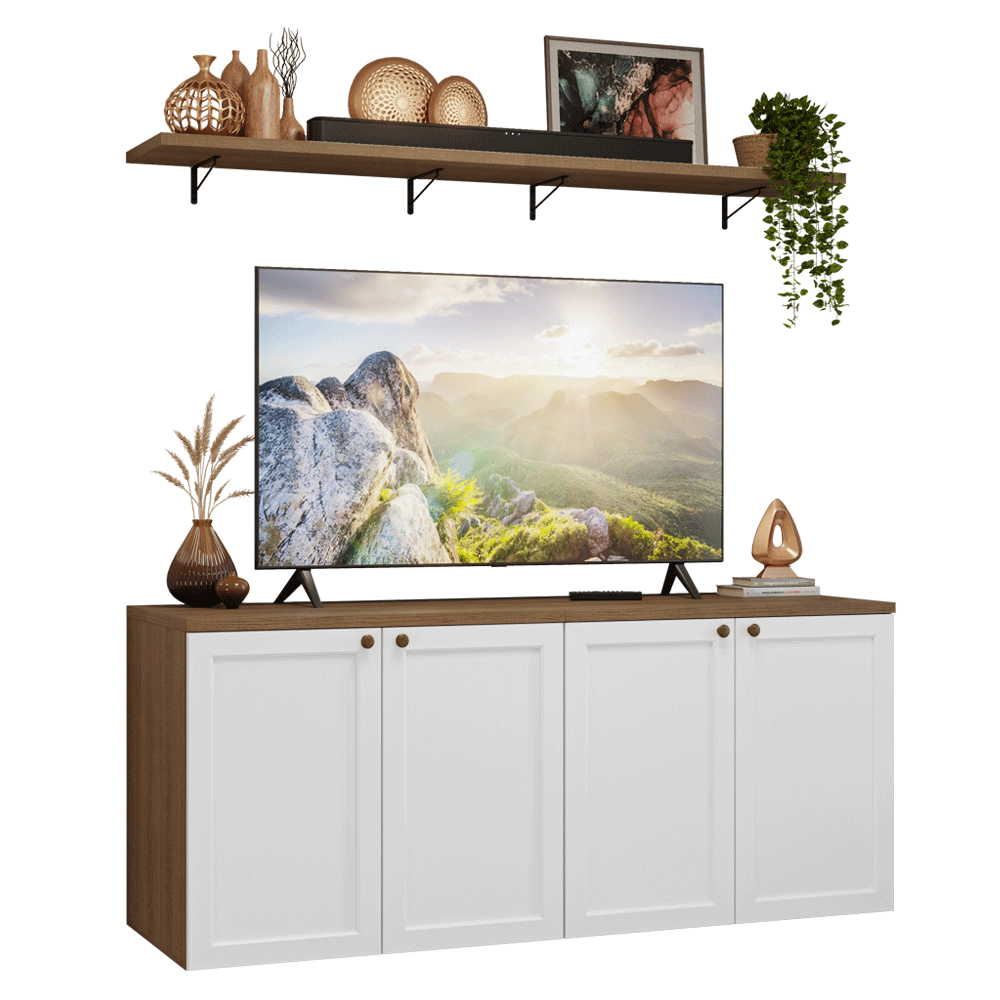 Rack para TV até 70 Polegadas + Prateleiras 160cm Rustic/Branco Vik Madesa 05