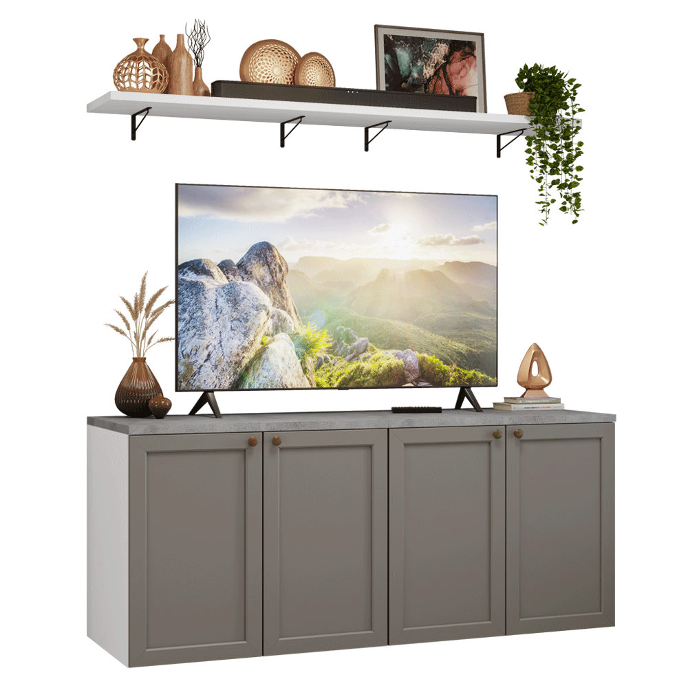 Rack para TV até 70 Polegadas + Prateleiras 160cm Branco/Cinza Vik Madesa 05