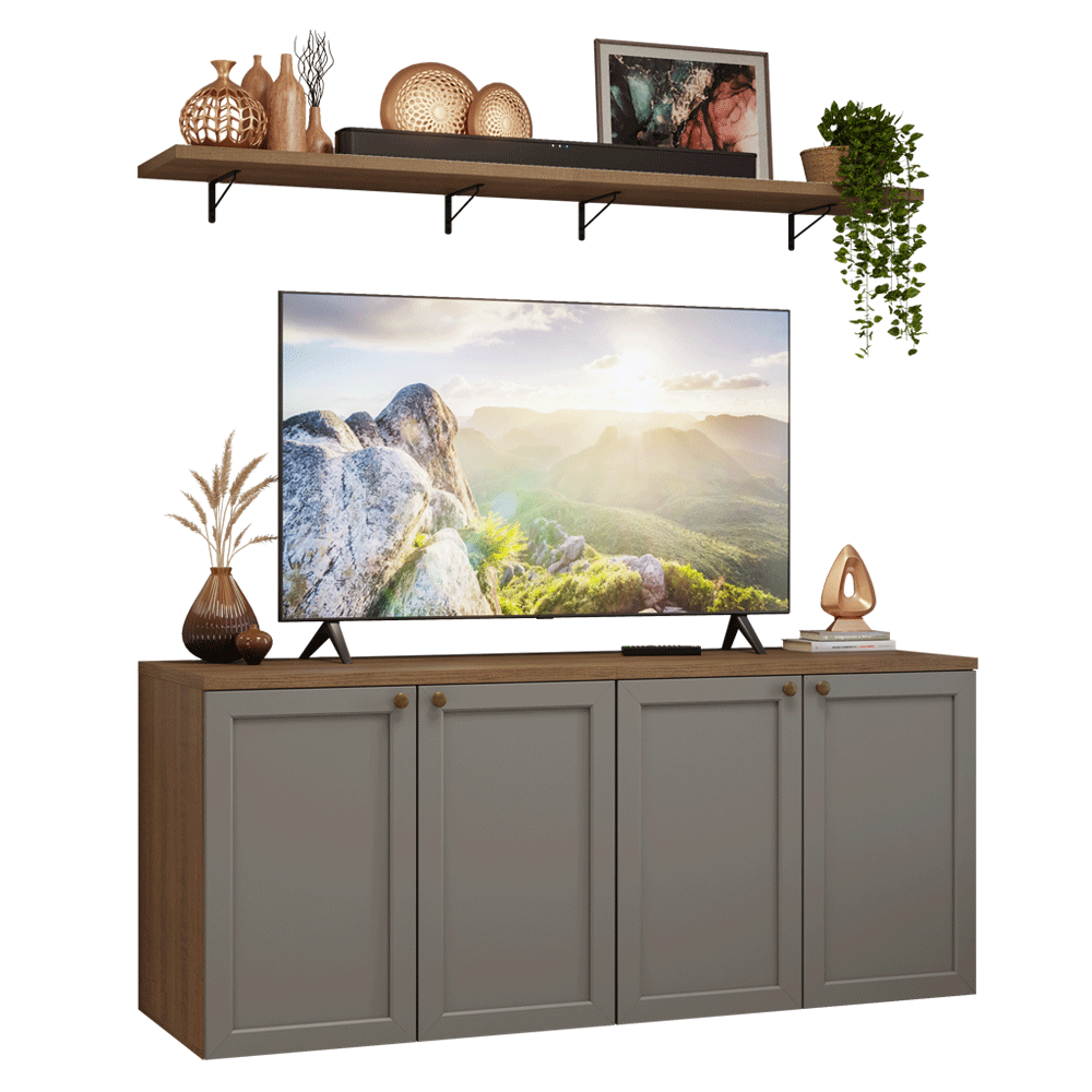 Rack para TV até 70 Polegadas + Prateleiras 160cm Rustic/Cinza Vik Madesa 05