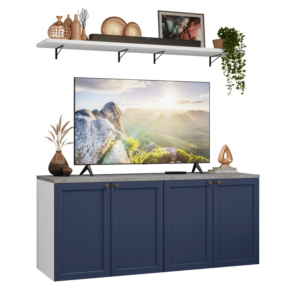 Rack para TV até 70 Polegadas + Prateleiras 160cm Branco/Azul Vik Madesa 05