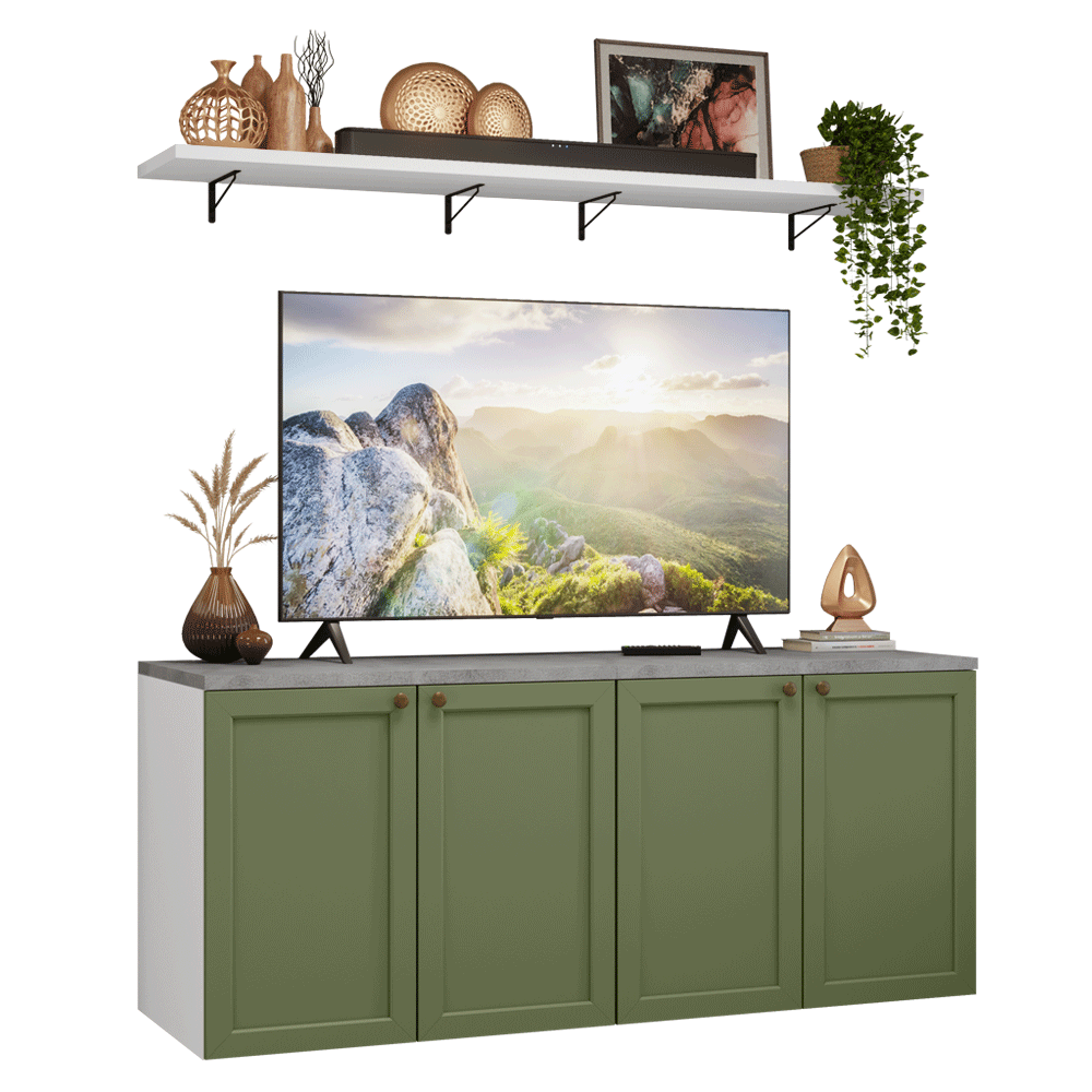 Rack para TV até 70 Polegadas + Prateleiras 160cm Branco/Verde Vik Madesa 05