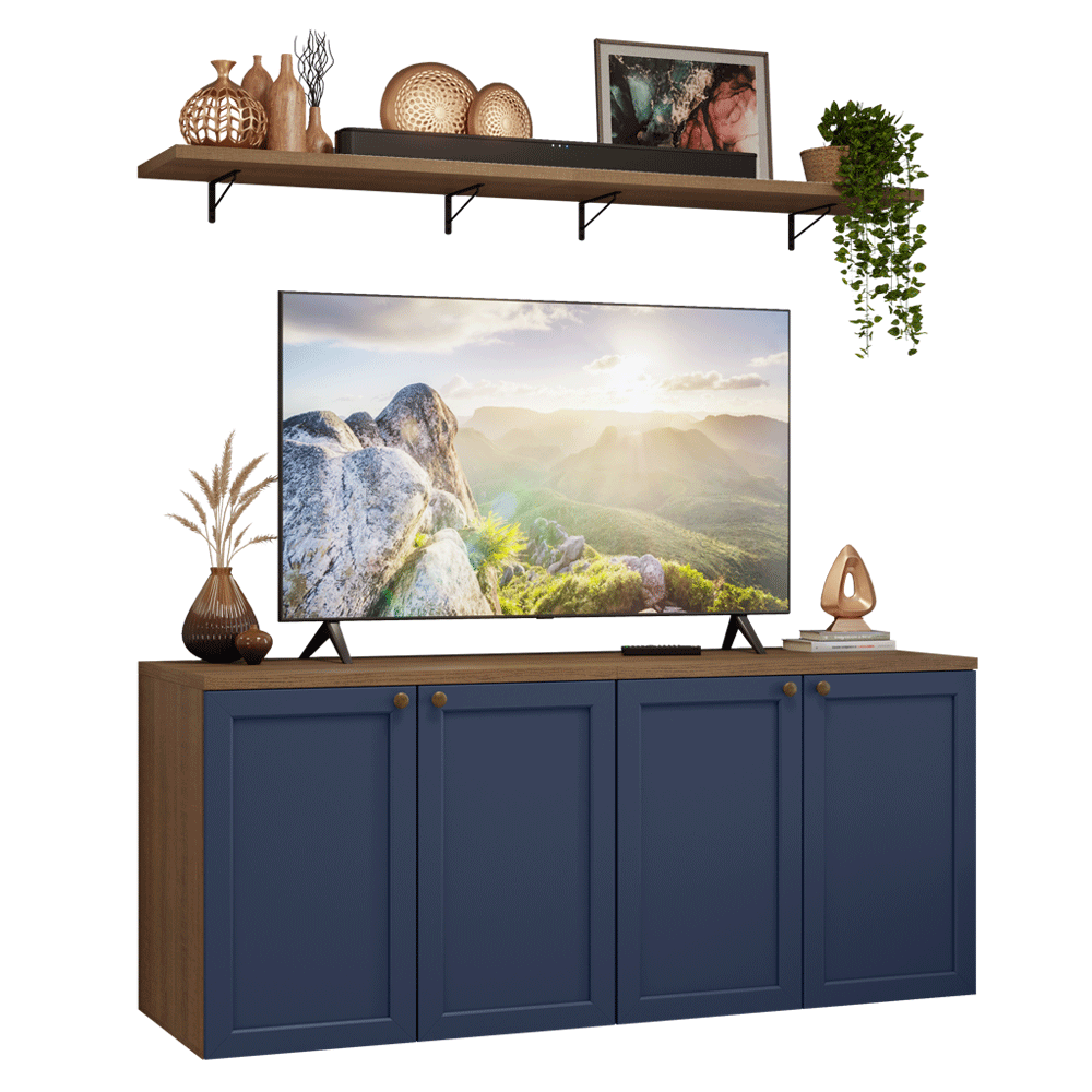 Rack para TV até 70 Polegadas + Prateleiras 160cm Rustic/Azul Vik Madesa 05