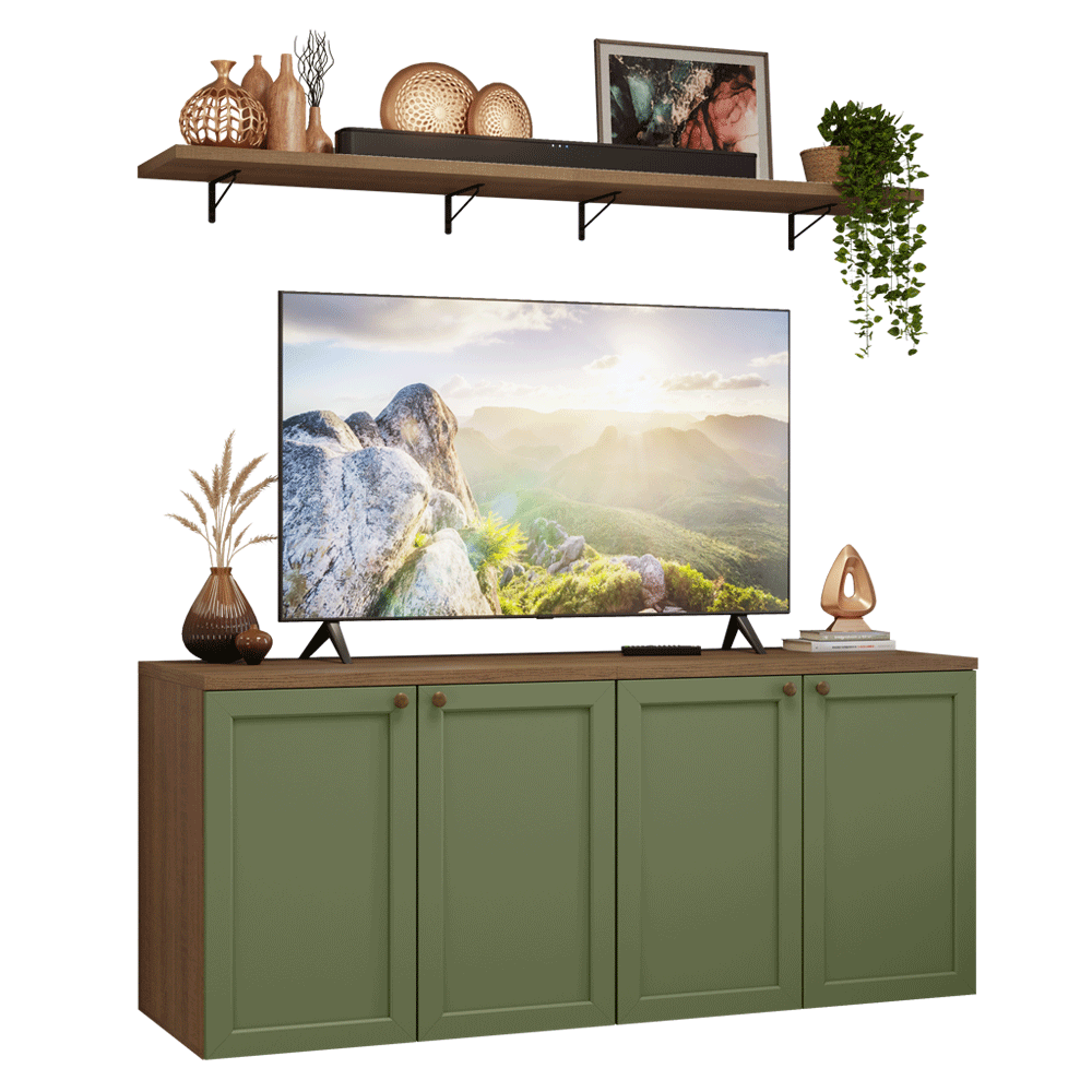 Rack para TV até 70 Polegadas + Prateleiras 160cm Rustic/Verde Vik Madesa 05
