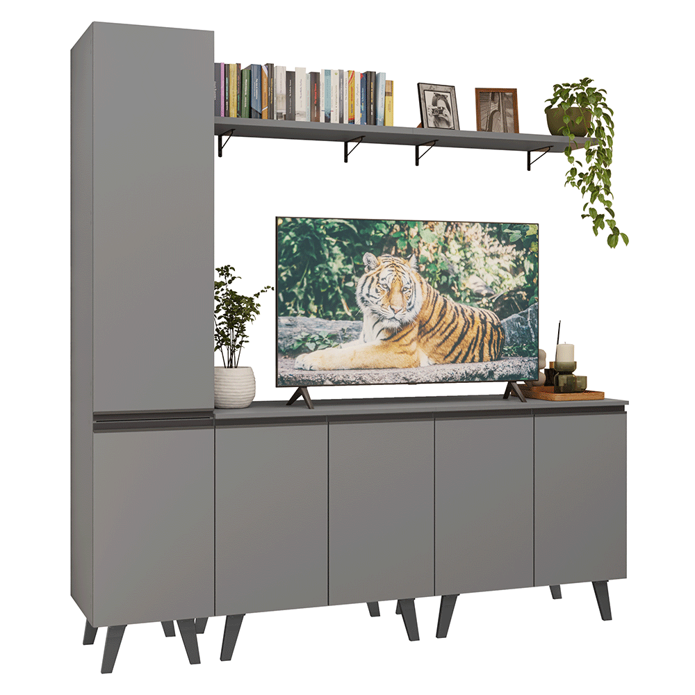 Rack para TV até 70 Polegadas + Prateleira 200cm Cinza Nice Madesa 02