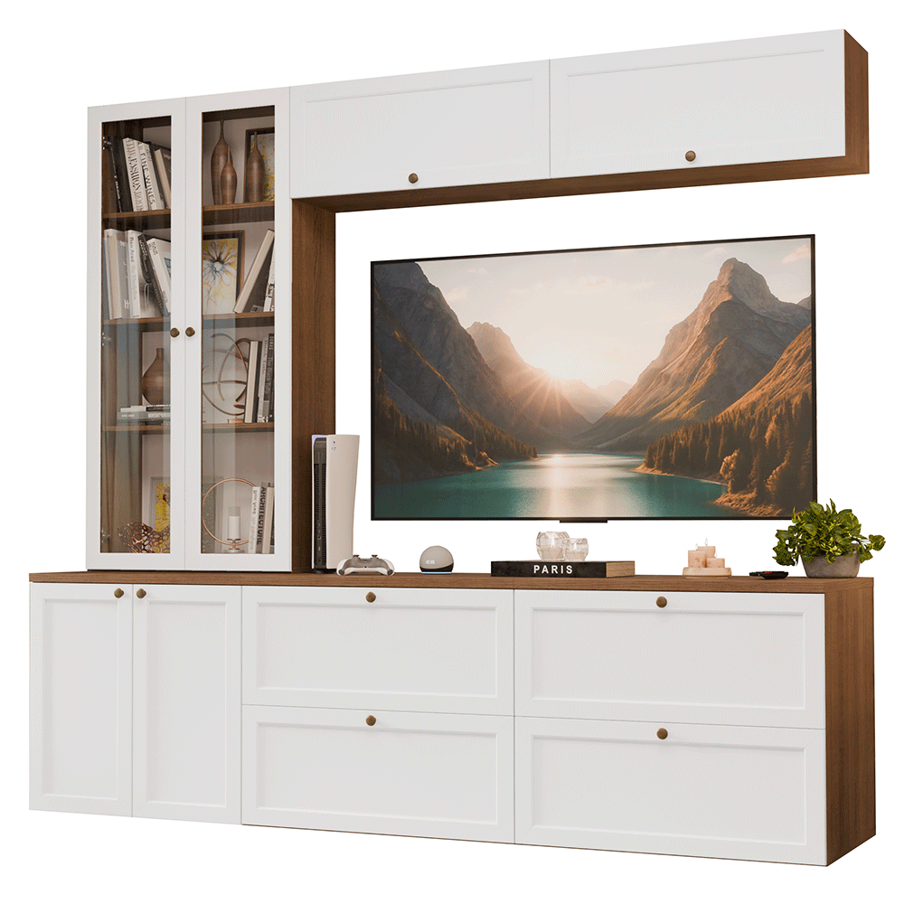 Estante Sala de Estar com Rack + Cristaleira 230cm Rustic/Branco Vik Madesa 01