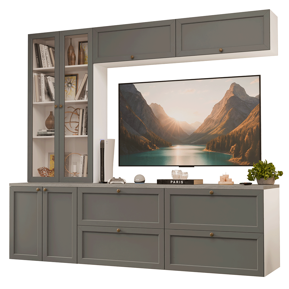 Estante Sala de Estar com Rack + Cristaleira 230cm Branco/Cinza Vik Madesa 01