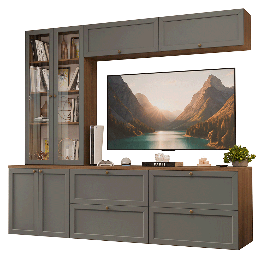 Estante Sala de Estar com Rack + Cristaleira 230cm Rustic/Cinza Vik Madesa 01