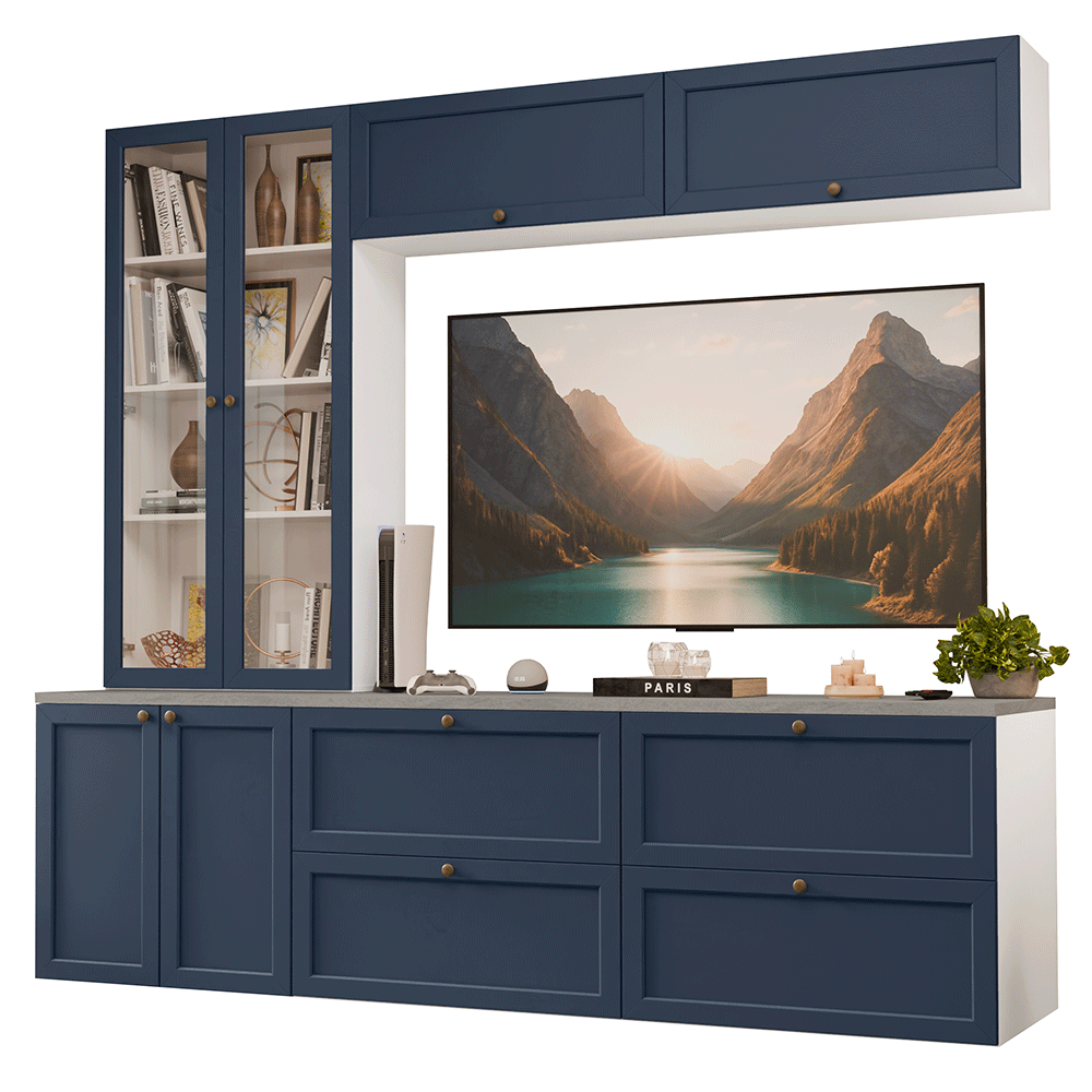 Estante Sala de Estar com Rack + Cristaleira 230cm Branco/Azul Vik Madesa 01