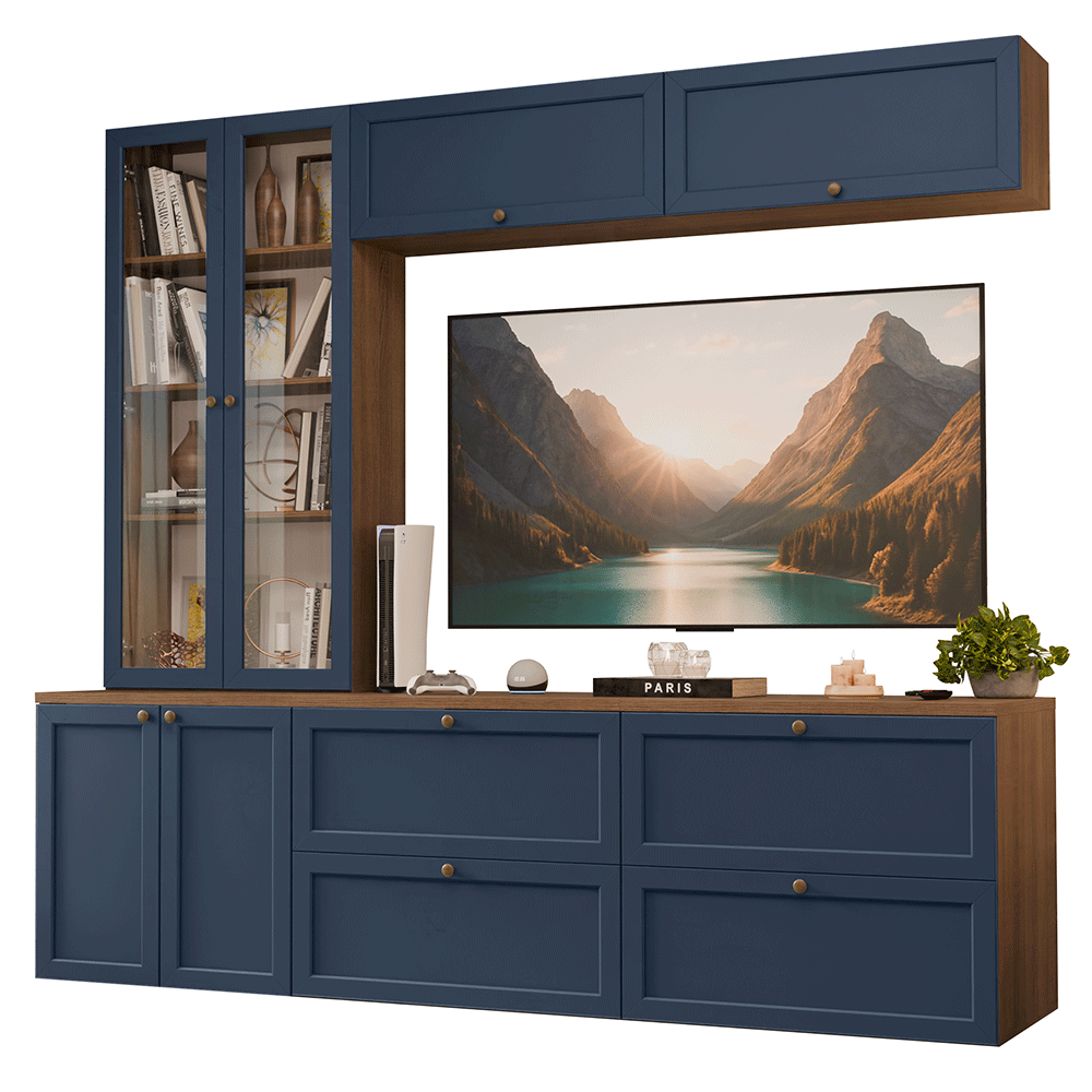 Estante Sala de Estar com Rack + Cristaleira 230cm Rustic/Azul Vik Madesa 01