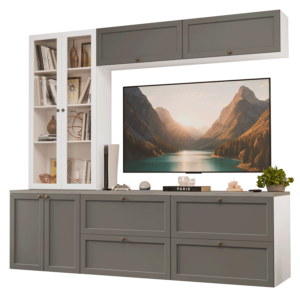 Estante Sala de Estar com Rack + Cristaleira 230cm Branco/Cinza/Branco Vik Madesa 01