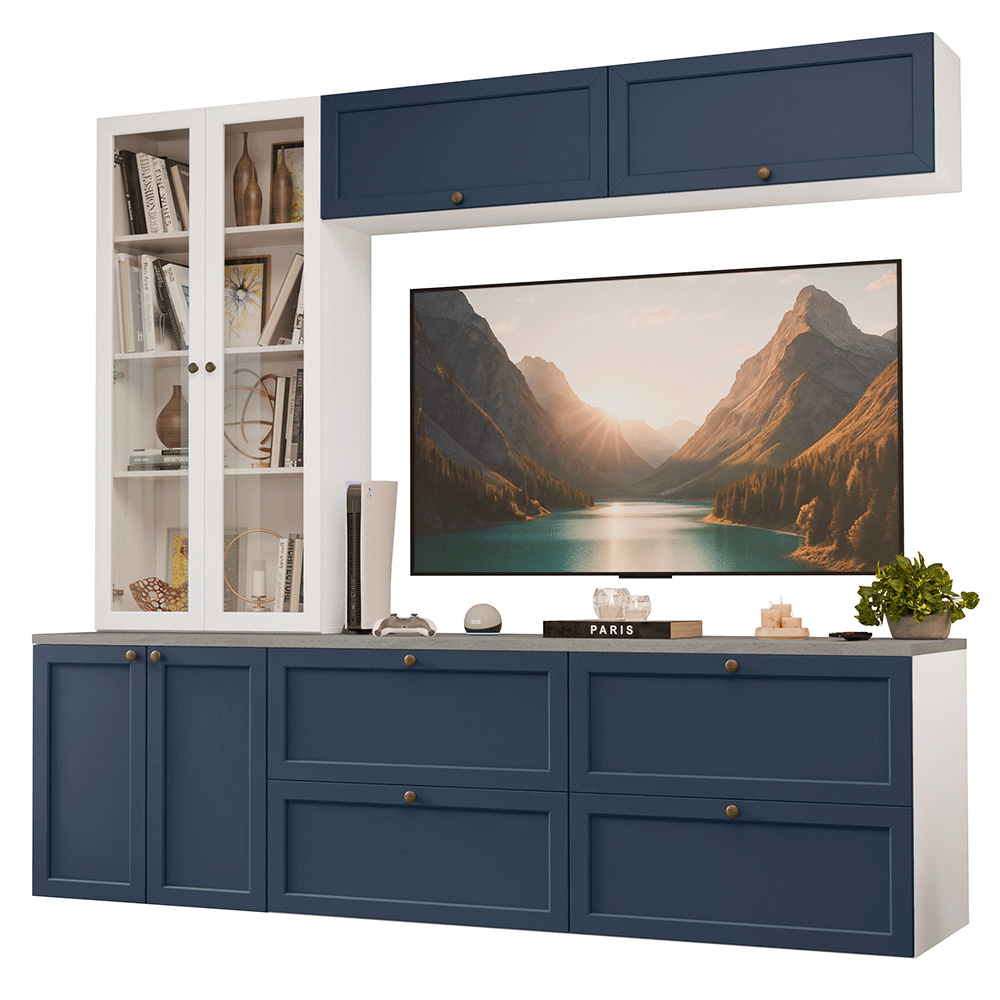 Estante Sala de Estar com Rack + Cristaleira 230cm Branco/Azul/Branco Vik Madesa 01