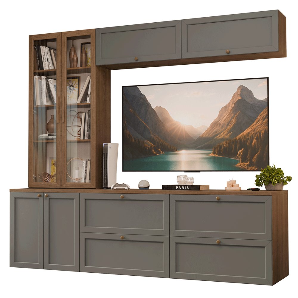 Estante Sala de Estar com Rack + Cristaleira 230cm Rustic/Cinza/Rustic Vik Madesa 02