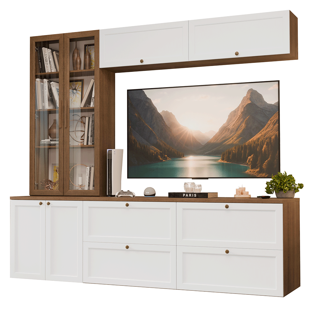 Estante Sala de Estar com Rack + Cristaleira 230cm Rustic/Branco/Rustic Vik Madesa 02