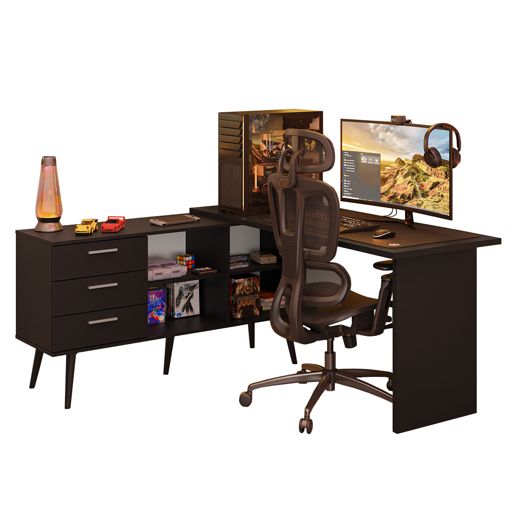 Escrivaninha Em L Mesa Para Computador Gamer 3 Gavetas Preto Lisboa Madesa