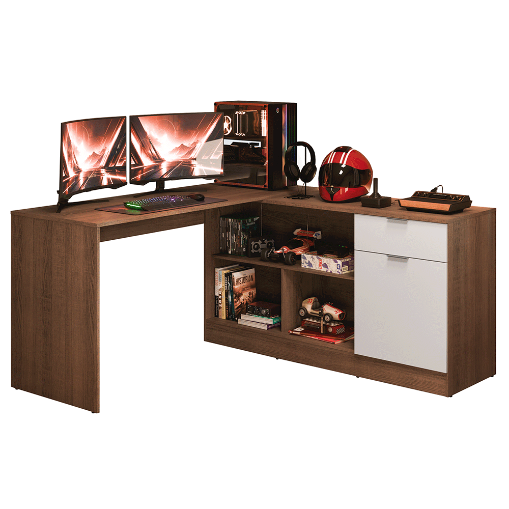 Escrivaninha em L para Computador Gamer Rustic/Branco Roma Madesa