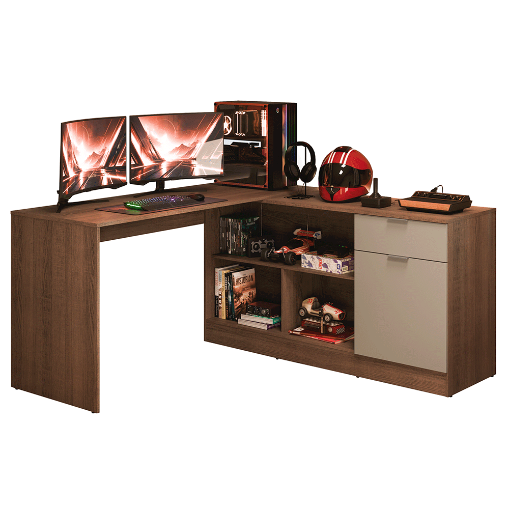 Escrivaninha em L para Computador Gamer Rustic/Crema Roma Madesa