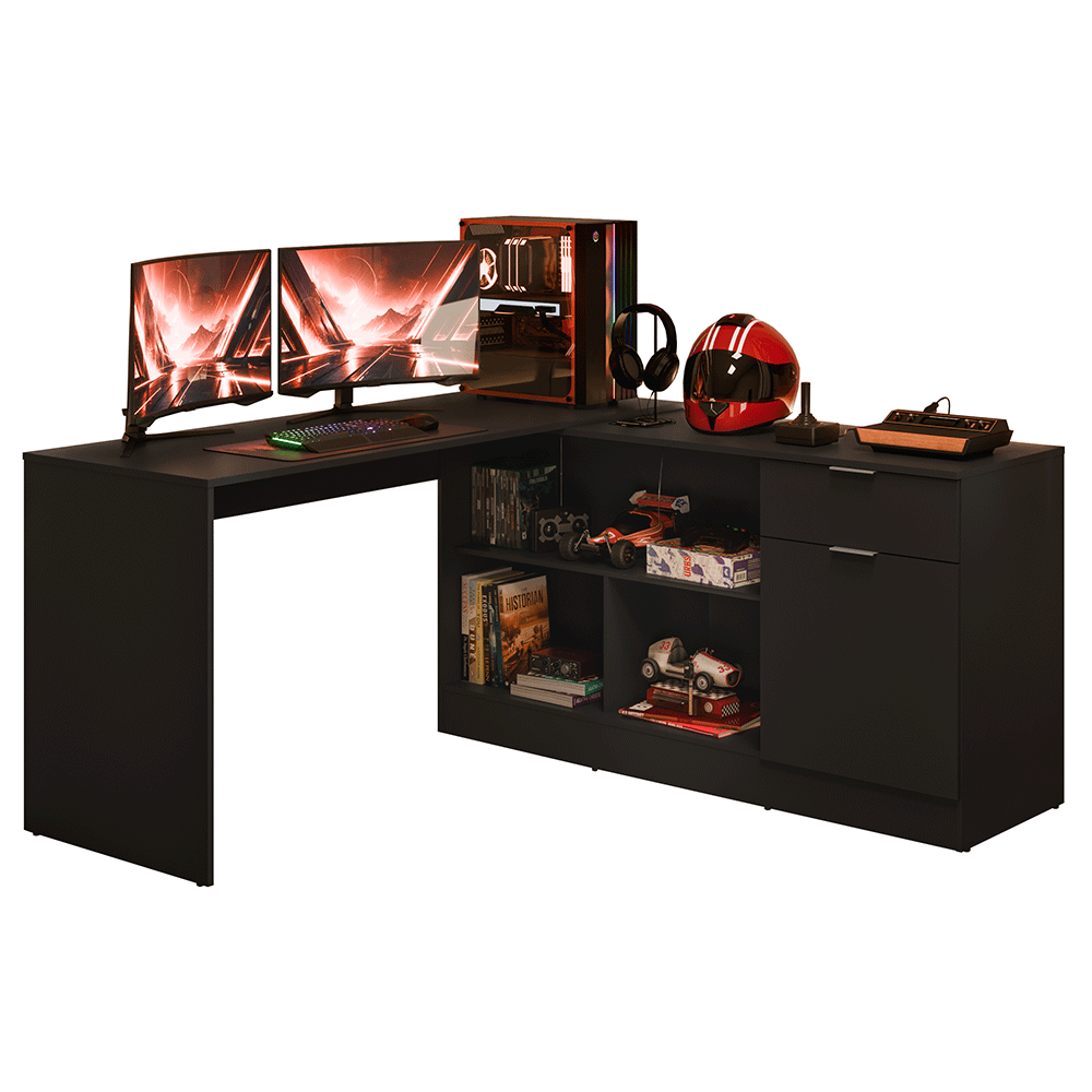 Escrivaninha em L para Computador Gamer Preto Roma Madesa